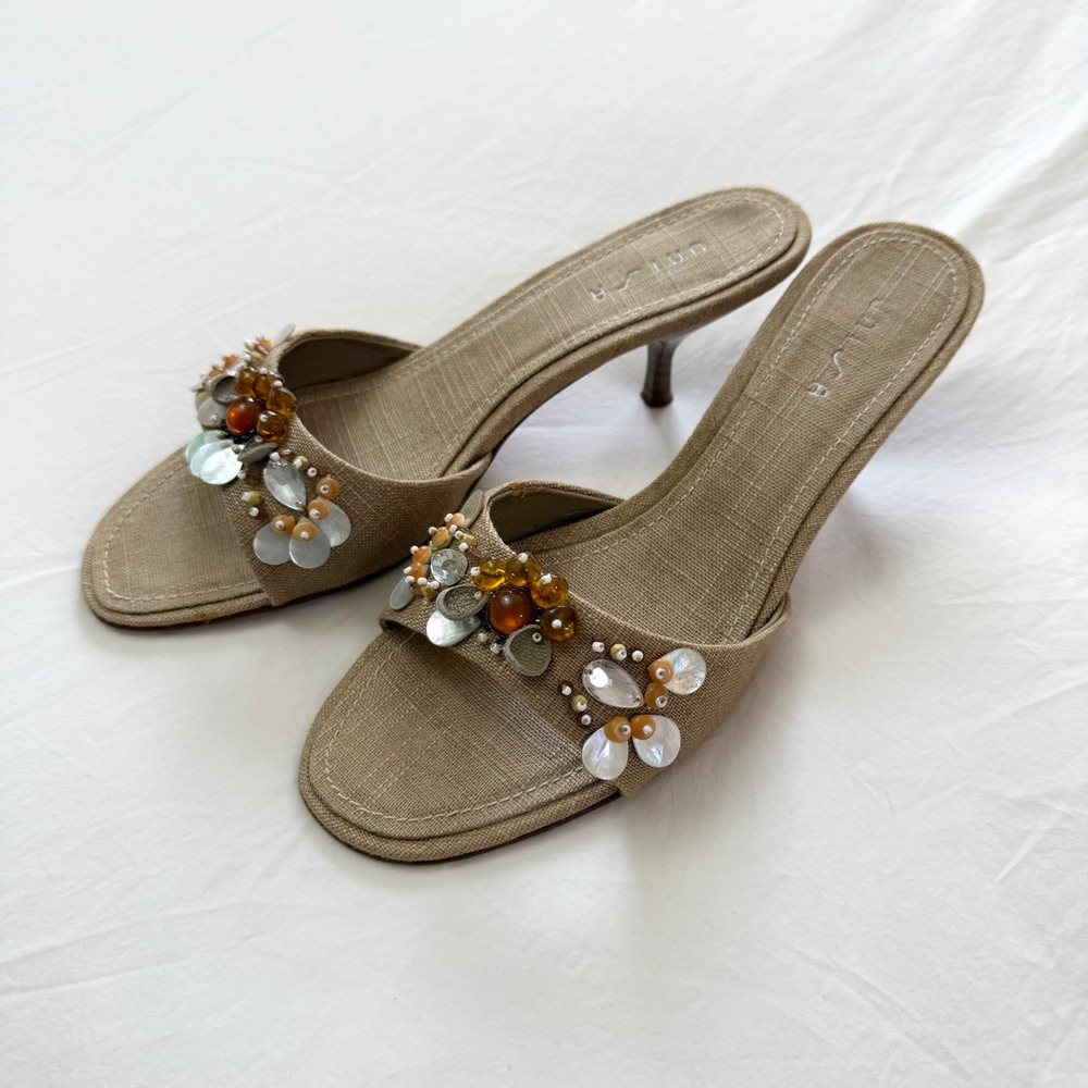 Vintage Y2K Unisa Ceecee Beaded Linen Kitten Heel Slide Sandals Size 8B